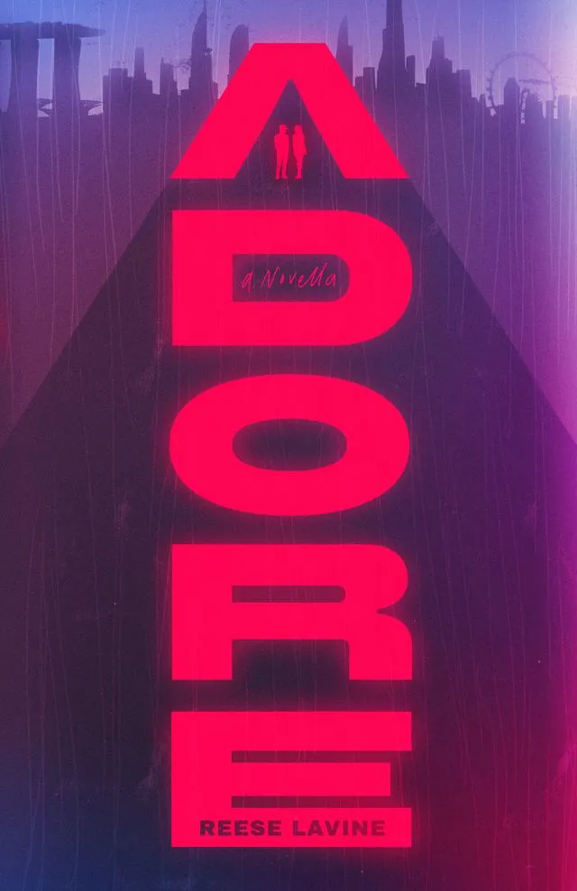 Book cover featuring a cityscape and a rain effect, titled 'ADORE'